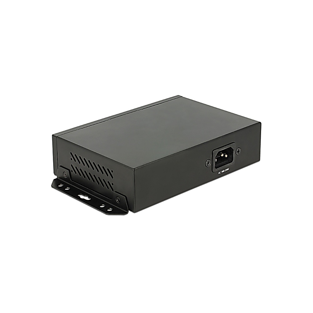 Czarne urządzenie elektroniczne z otworami wentylacyjnymi i wejściem zasilania, zamontowane na białej powierzchni. Urządzenie ma prostokątny kształt.