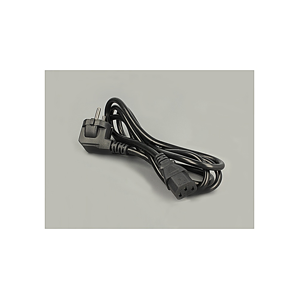 Czarny kabel zasilający z wtyczką europejską i trójstykowym złączem na szarym tle.