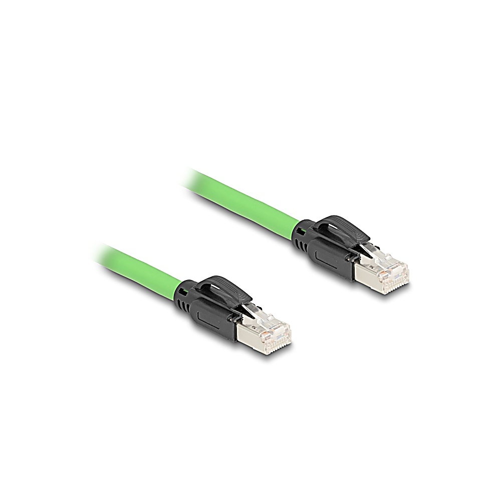 Due cavi ethernet verdi con connettori neri su sfondo bianco. I connettori sono argentati e trasparenti.