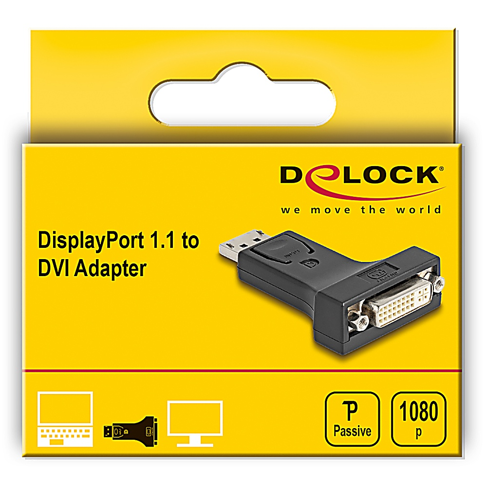 Una scatola gialla mostra un adattatore da DisplayPort a DVI nero. Il testo dice 'DisplayPort 1.1 to DVI Adapter'. Il logo è 'DeLOCK'.
