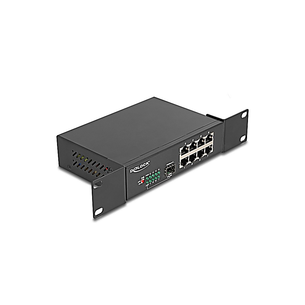 Uno switch di rete D-Link nero. Ha più porte e indicatori LED. Le orecchie per il montaggio su rack sono attaccate su entrambi i lati.