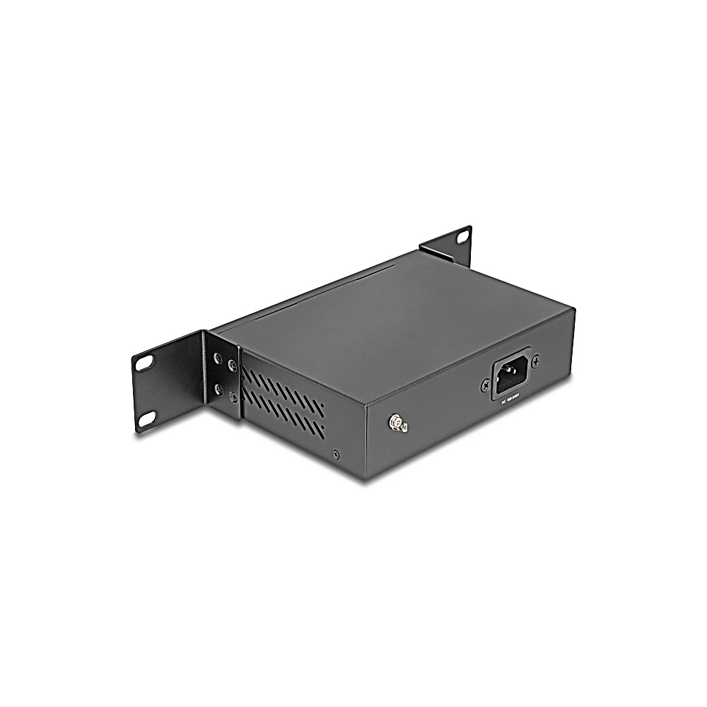 Un dispositivo server nero con alette per montaggio su rack e un connettore di alimentazione su sfondo bianco. Ha fessure di ventilazione.