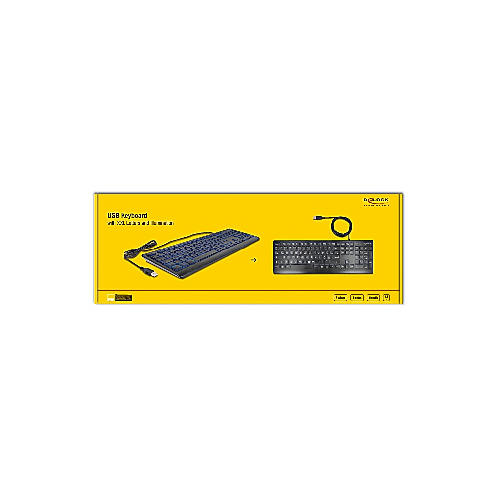 Una scatola gialla mostra una tastiera. È una tastiera USB con lettere XXL e illuminazione. Ha un cavo nero e una tastiera nera.