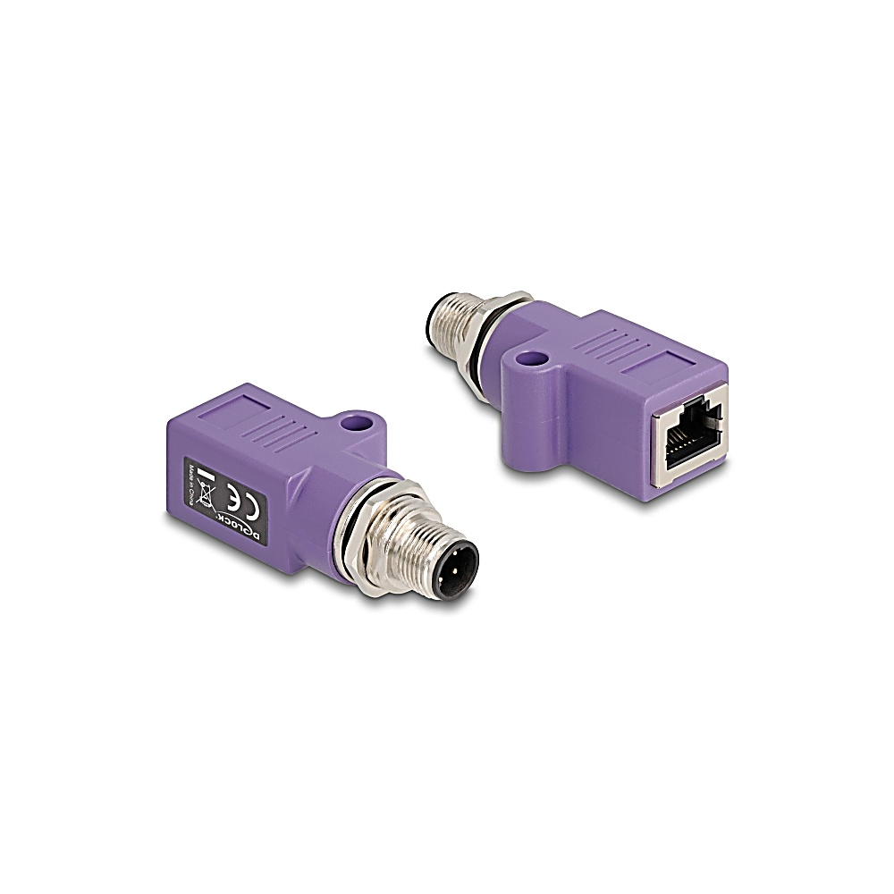 Due connettori viola su sfondo bianco. Uno con porta Ethernet, l'altro con connettore rotondo.
