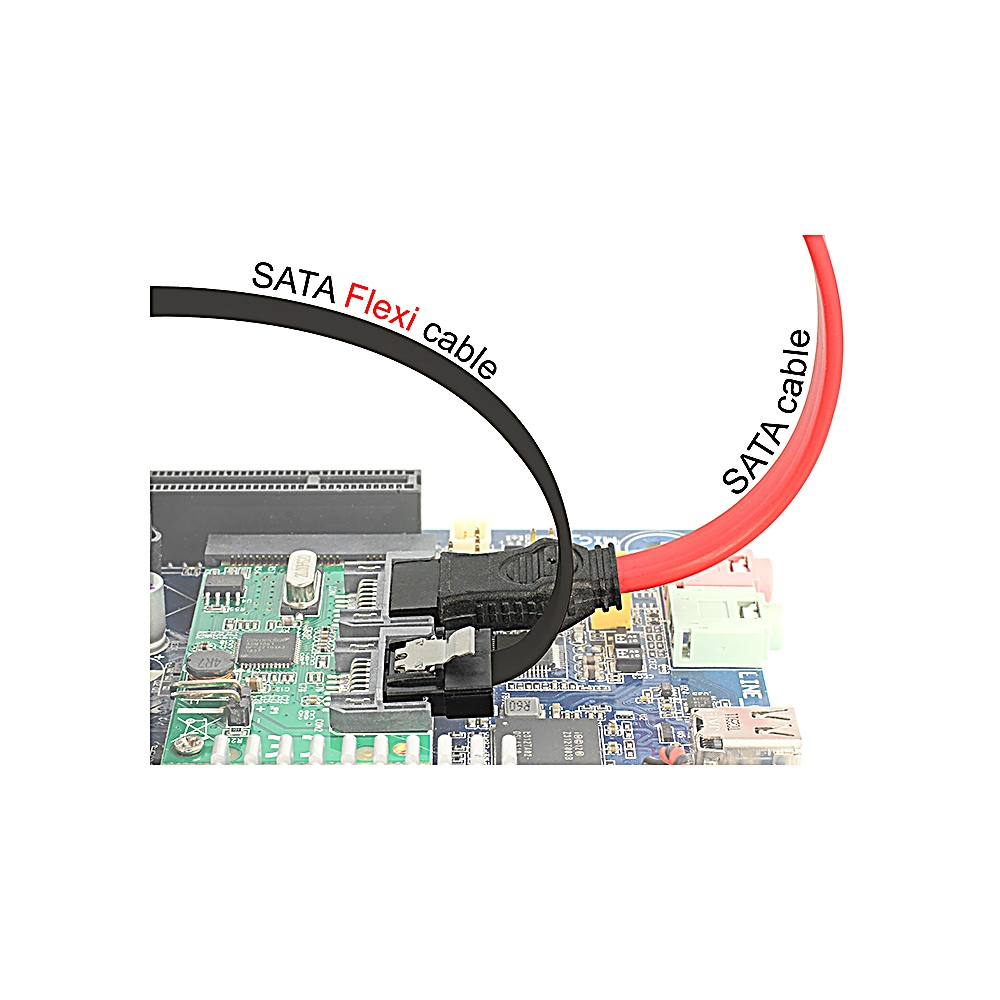 Płyta główna komputera z kablem SATA Flexi i czerwonym kablem SATA. Kable są podłączone do płyty.