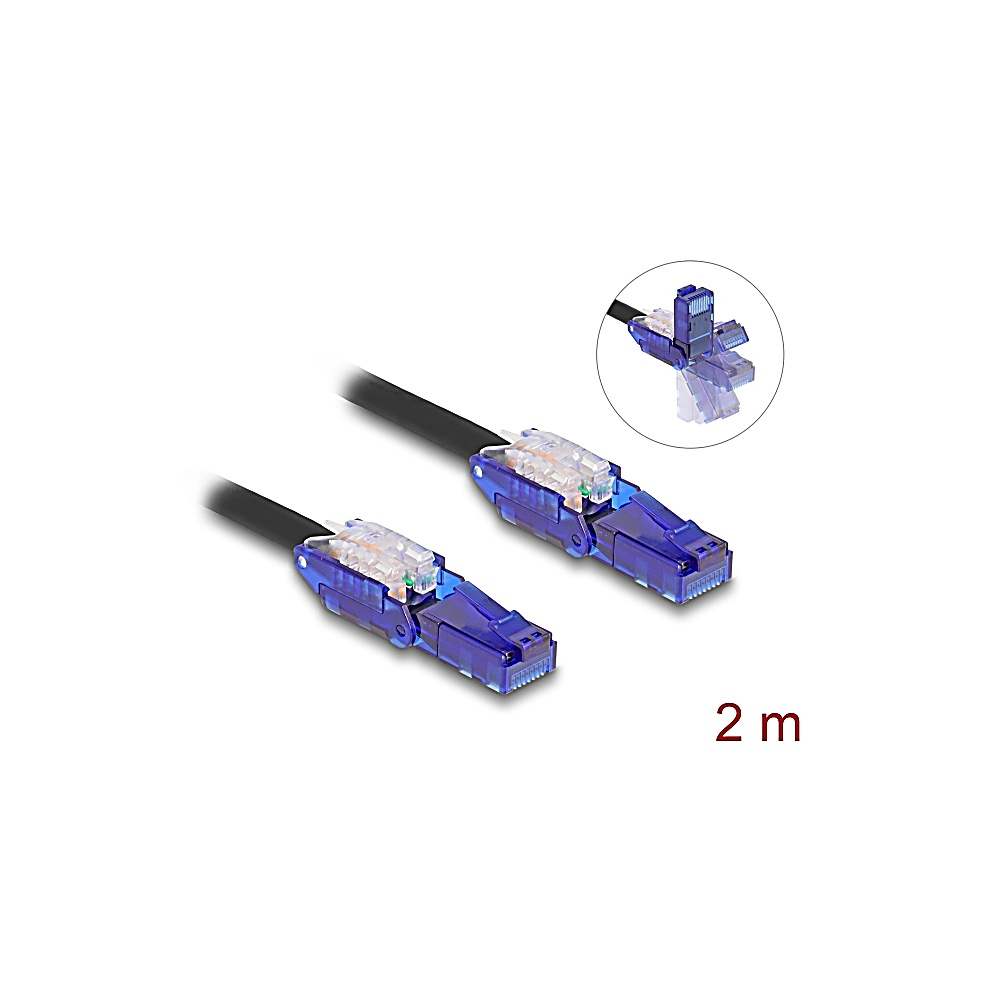 Due cavi di rete con connettori blu e cavi neri. Un piccolo diagramma di un connettore è nell'angolo in alto a destra. Viene mostrato il numero 2 m.