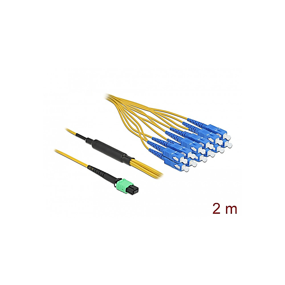 Cavi in fibra ottica gialli con connettori blu e guaina nera. Visibile anche un singolo cavo con connettore verde.