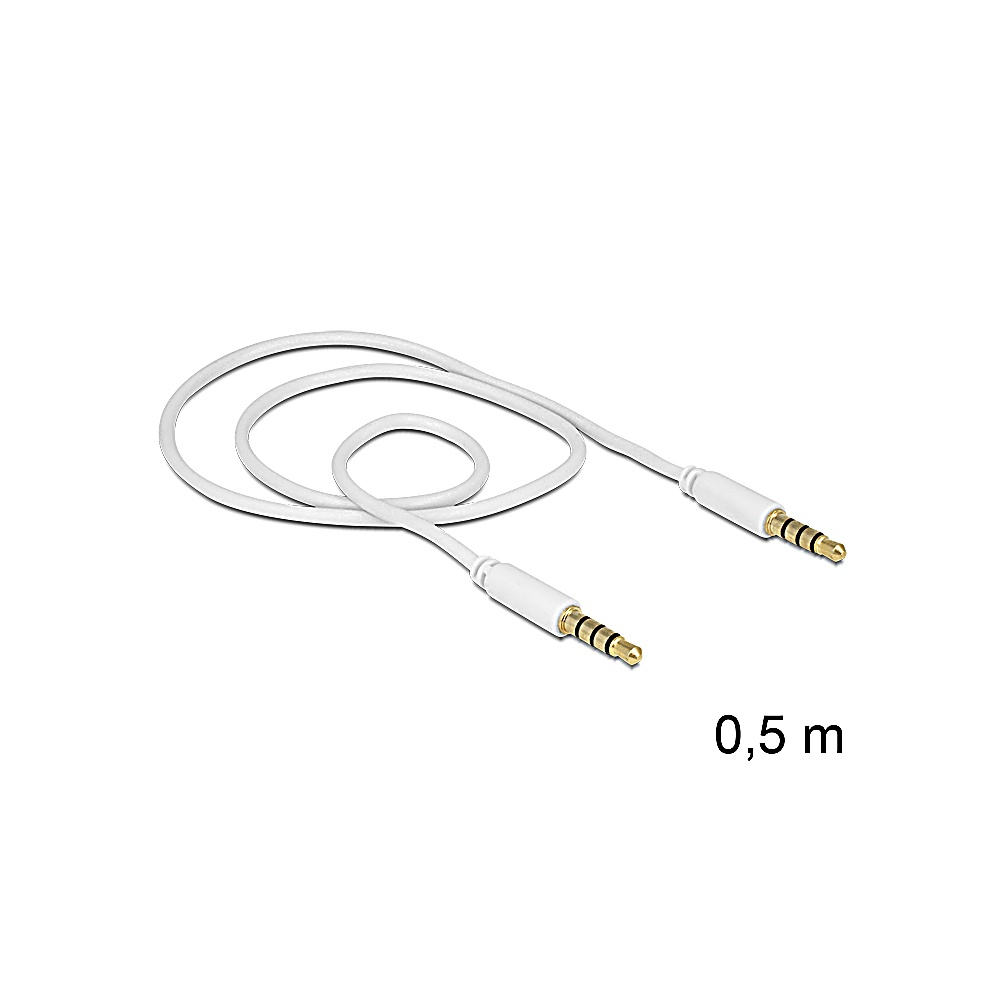 A white 3.5mm audio cable, coiled and lying on a white background. Gold-colored connectors are at each end. The text '0.5 m' is visible.