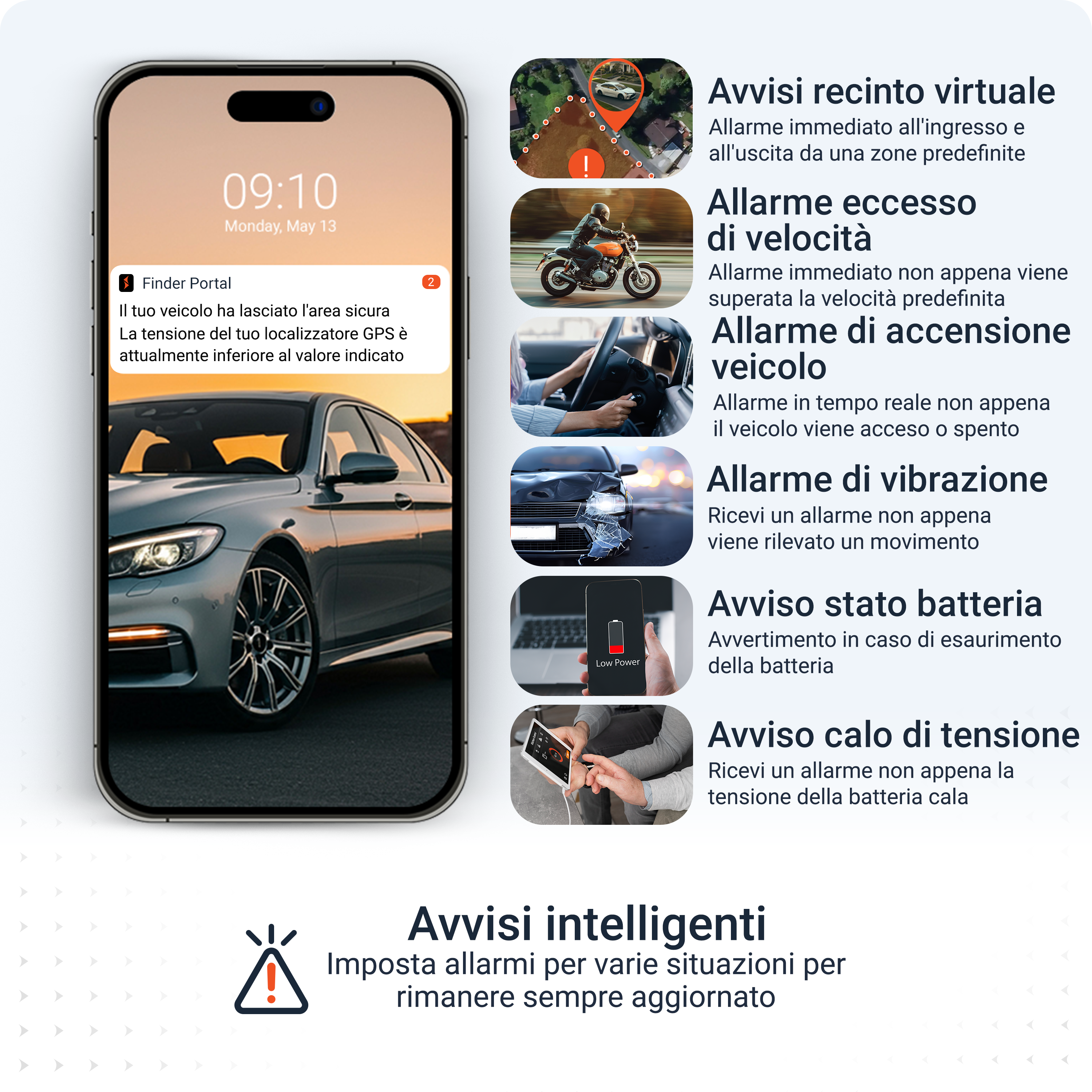Smartphone zeigt Fahrzeugwarnungen: virtueller Zaun, Geschwindigkeit, Zündung, Vibration, Batteriestatus, Spannungsabfall.