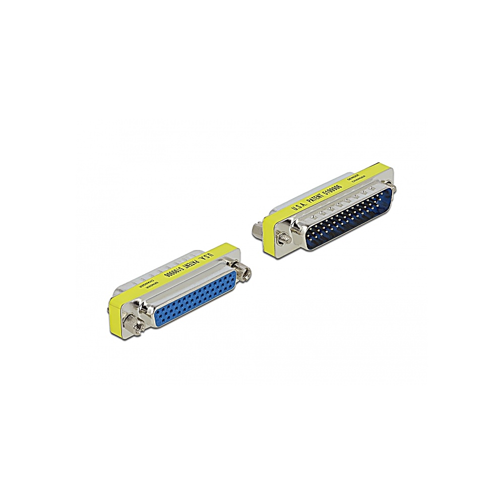 Due connettori D-sub su sfondo bianco. Hanno una griglia di pin blu, involucri giallo-verdi e gusci in metallo argentato.