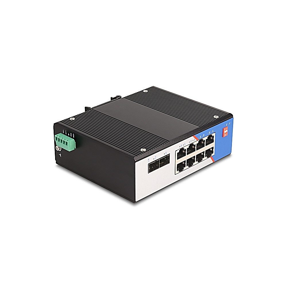 Uno switch di rete nero e argento con più porte. Ha un accento blu sul lato e un connettore verde.