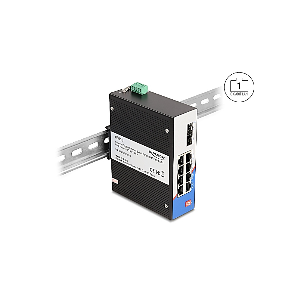 Switch Ethernet Gigabit industriale. Dispositivo bianco e nero montato su una guida metallica. Porte frontali, etichetta con testo. Icona Gigabit LAN.