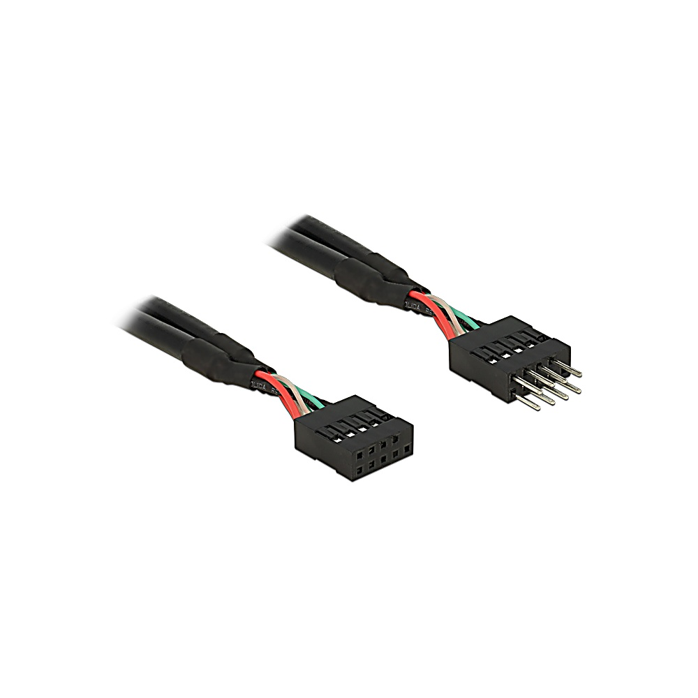 Due cavi con connettore USB neri con connettori neri, fili rossi, verdi e bianchi, su sfondo bianco.