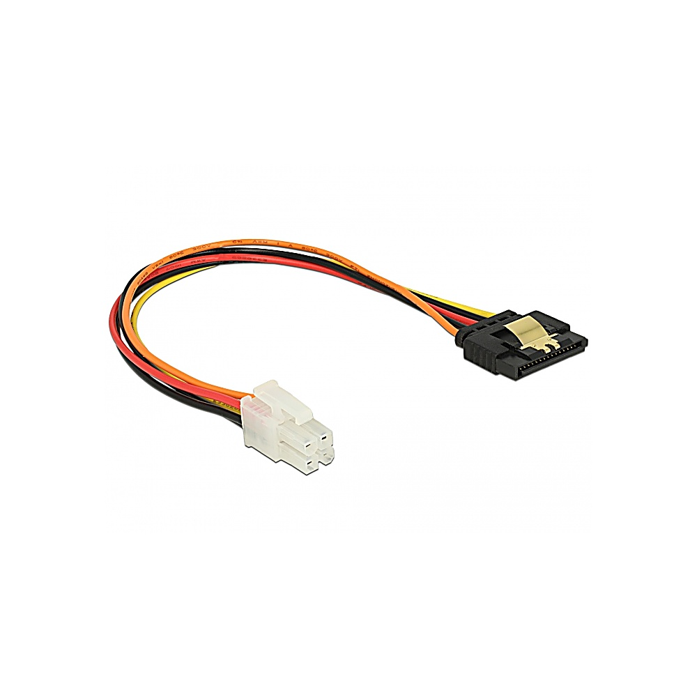 Un cavo adattatore di alimentazione SATA. Ha un connettore bianco, un connettore nero e fili multicolori su sfondo bianco.