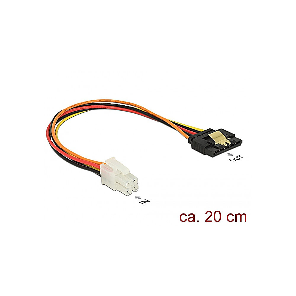 Un cavo di alimentazione SATA. Ha due connettori, uno bianco e uno nero con l'etichetta 'OUT'. Il cavo ha fili rossi, arancioni, gialli e neri. È lungo circa 20 cm.