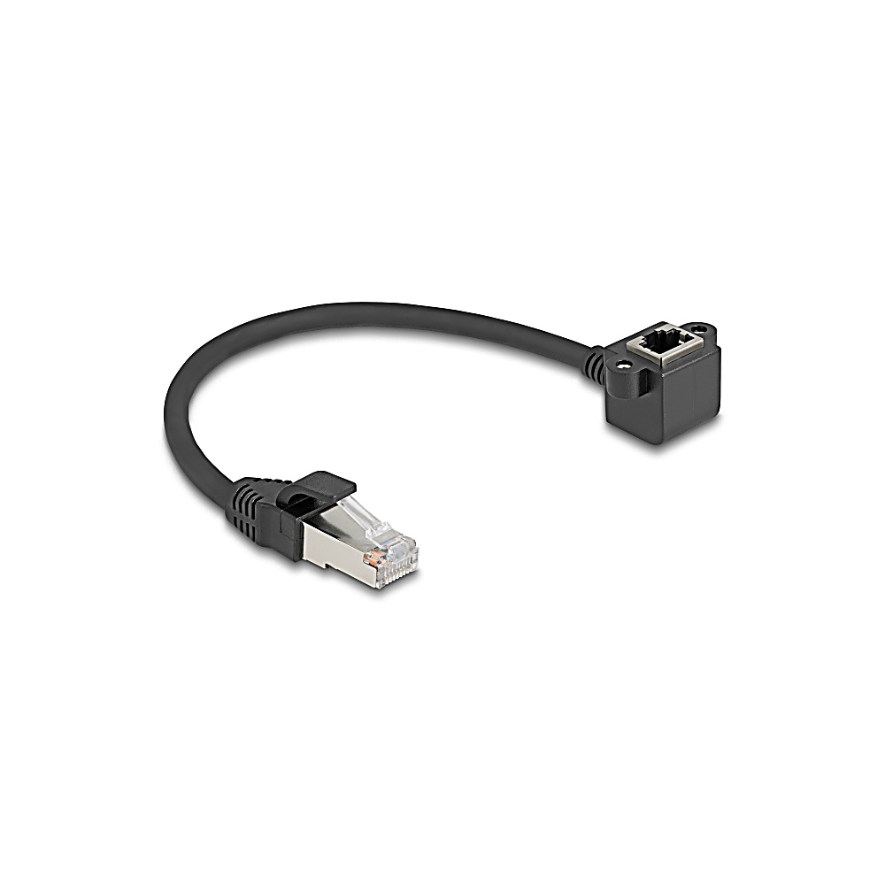 Un cavo Ethernet nero con connettori ad ogni estremità, uno dritto e uno angolato, su sfondo bianco.