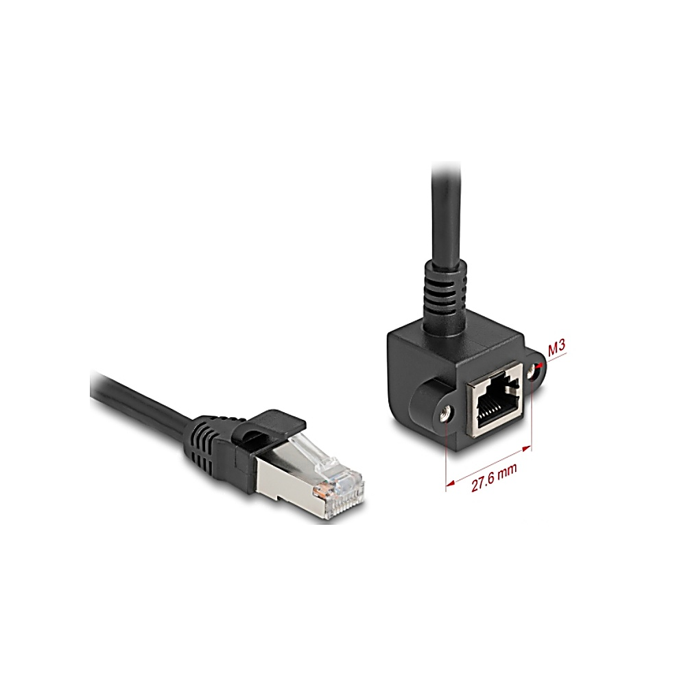 Cavo Ethernet nero con connettore e connettore RJ45 angolato. Le dimensioni sono indicate come 27,6 mm.