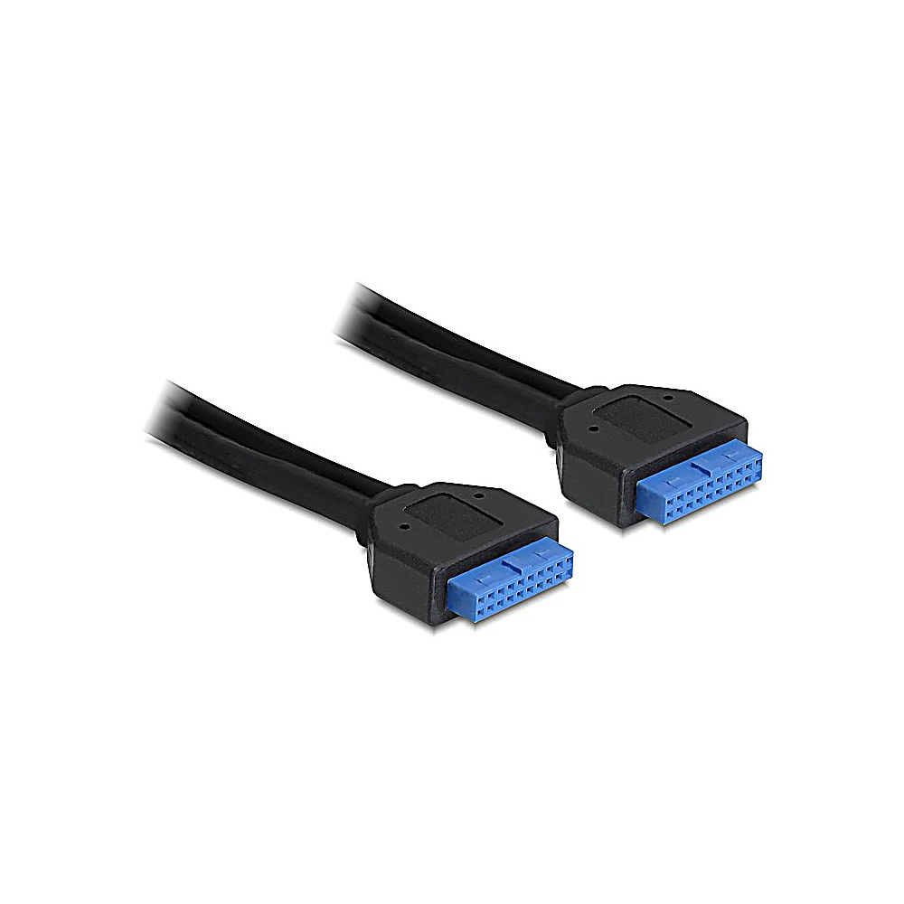 Due cavi SATA neri con connettori blu su sfondo bianco. I cavi sono angolati e leggermente sovrapposti.