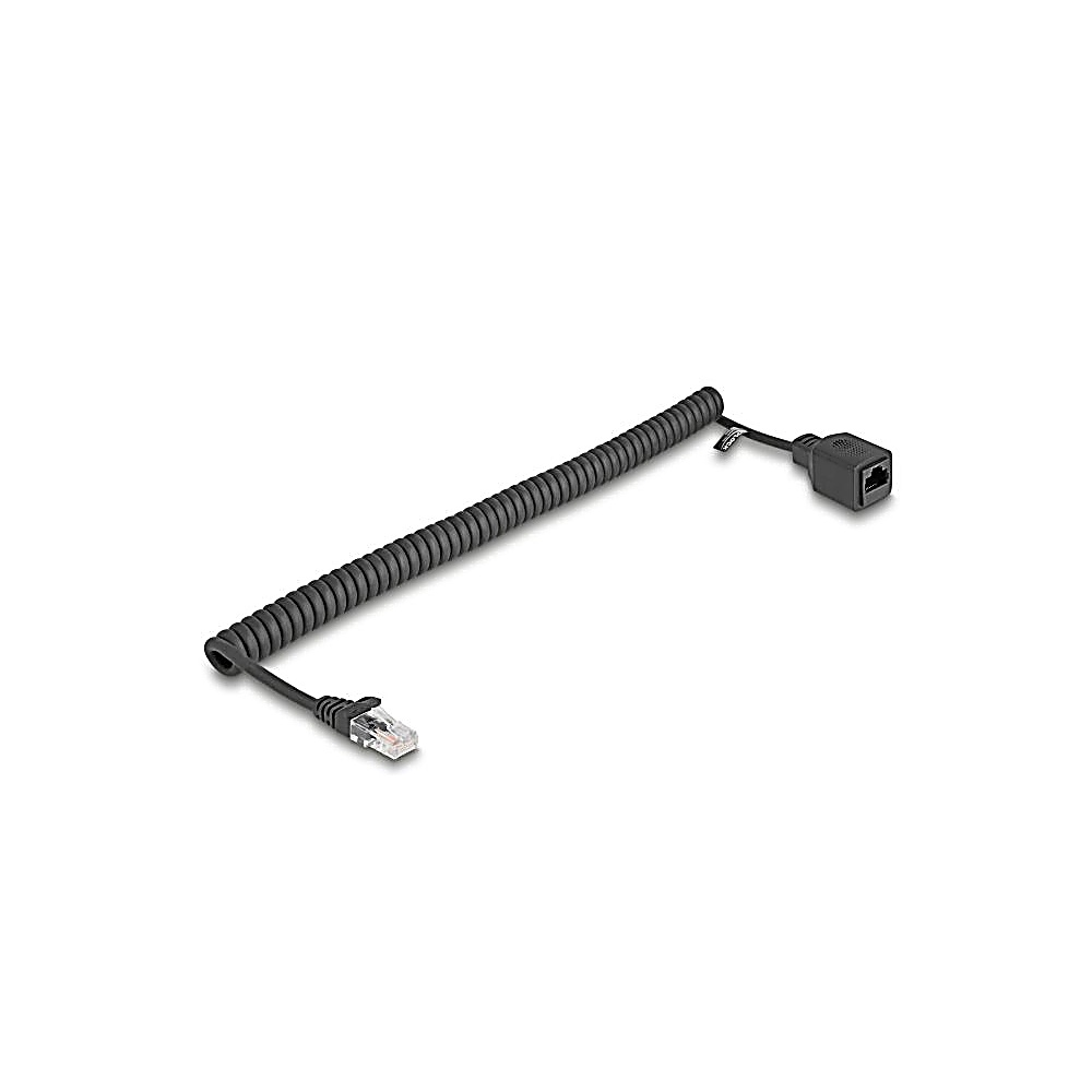 Cavo Ethernet nero a spirale su sfondo bianco. Un'estremità ha un connettore trasparente, l'altra un jack grigio scuro.