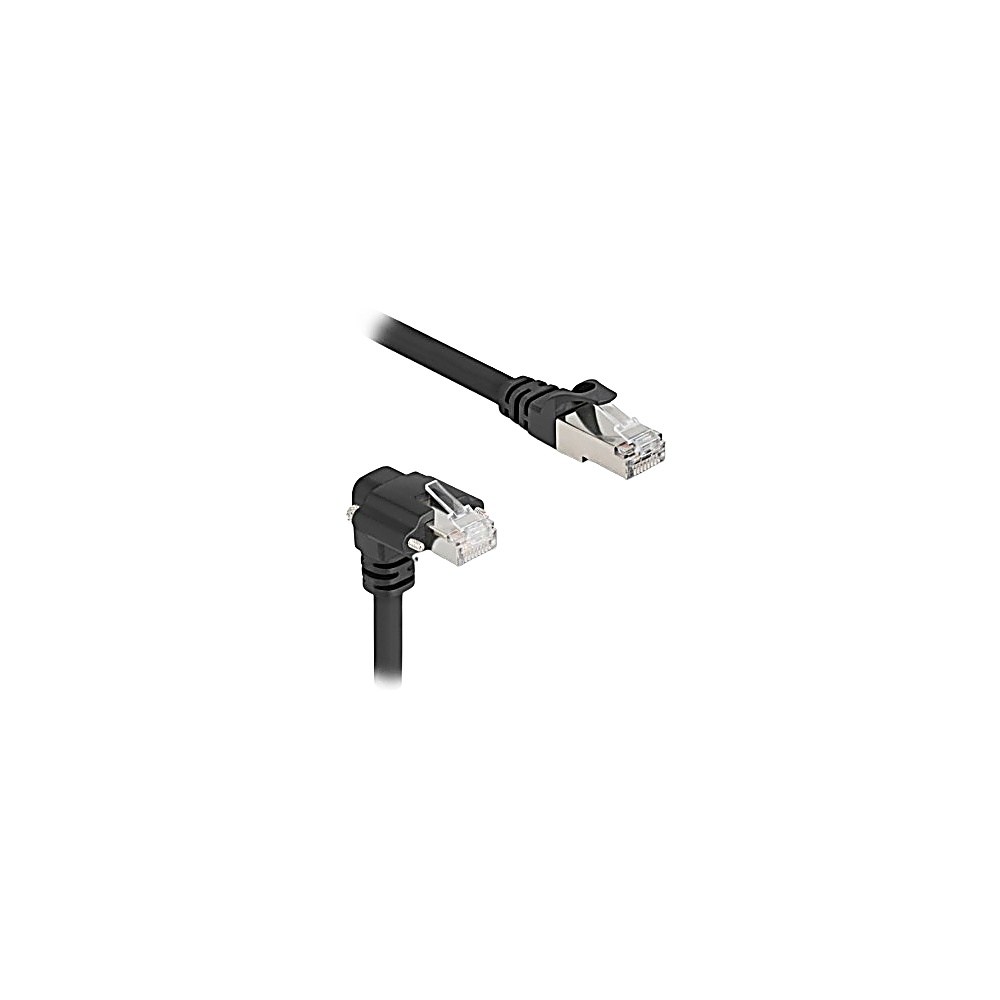 Due cavi di rete neri con connettori RJ45 su sfondo bianco. Uno angolato, l'altro dritto.