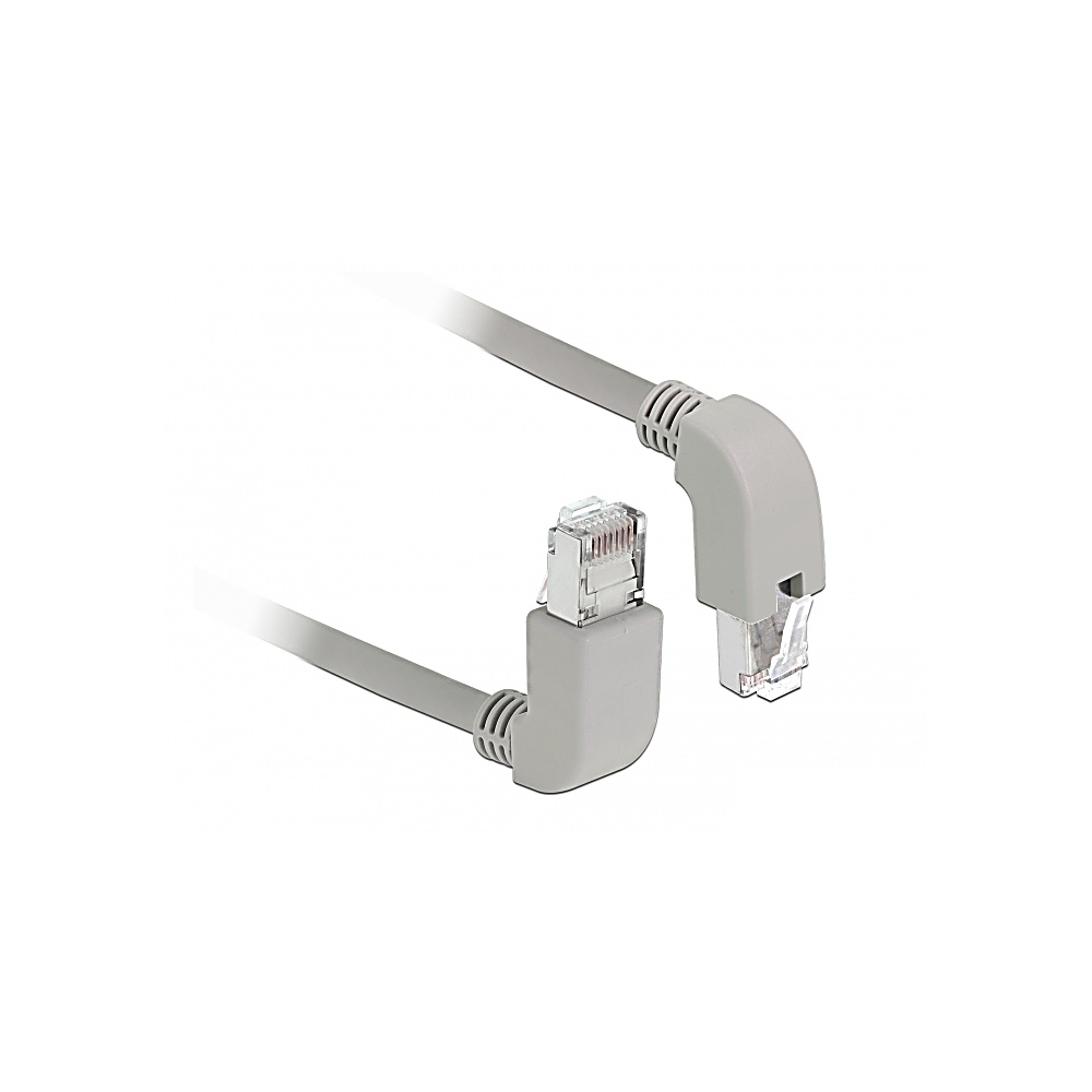 Due cavi Ethernet grigi con connettori trasparenti, angolati a 90 gradi, su sfondo bianco. Ogni cavo è parzialmente visibile.