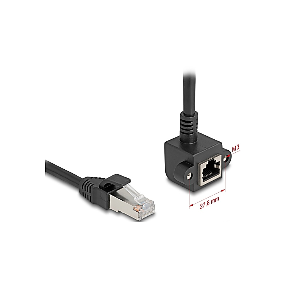 Un cavo Ethernet nero, con un connettore ad angolo retto e un connettore standard. Il connettore ad angolo retto è di 27,6 mm.