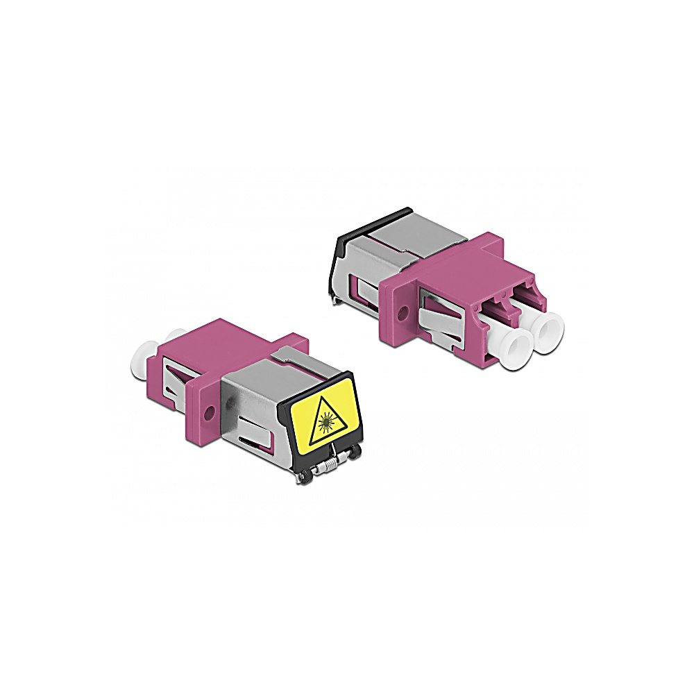Due connettori in fibra ottica. Rosa e argento con un simbolo di avvertimento laser giallo. Sfondo bianco.