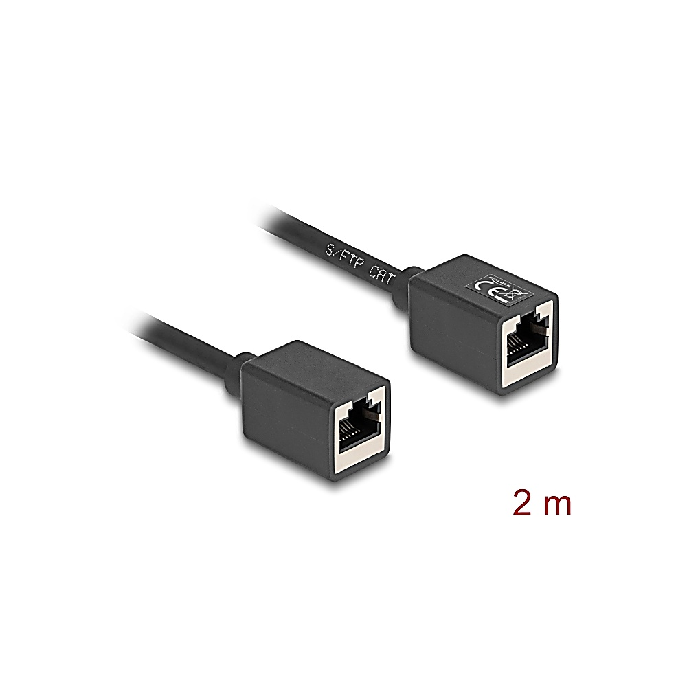 Due cavi di rete neri con connettori RJ45, etichettati 'S/FTP CAT'. Il testo '2 m' accanto indica la lunghezza del cavo.