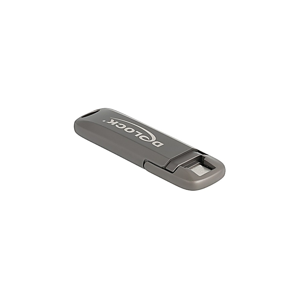Una chiavetta USB grigia su sfondo bianco. Il marchio 'DeLOCK' è visibile sull'unità.