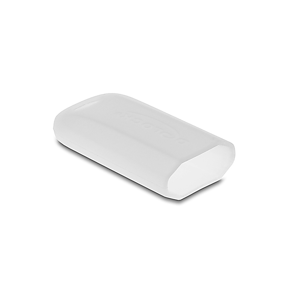 Un oggetto bianco rettangolare con bordi arrotondati. È leggermente inclinato, proiettando un'ombra morbida sullo sfondo bianco.