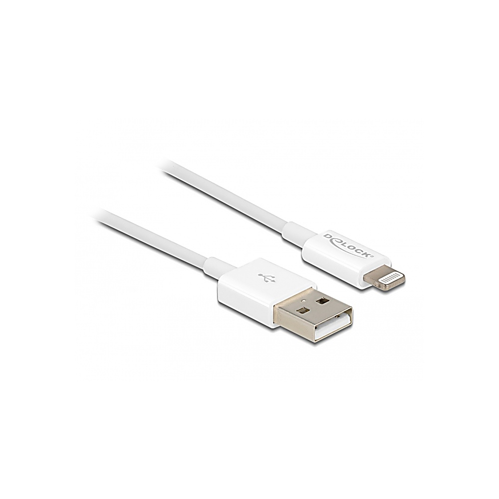 Un cable blanco de USB a Lightning. Un extremo es USB, el otro es Lightning. La marca 'D-LOCK' es visible en el extremo Lightning.