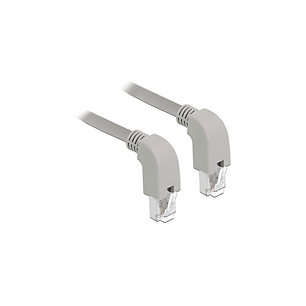 Due cavi Ethernet grigi con connettori angolati su sfondo bianco. I connettori sono grigio chiaro e trasparenti.