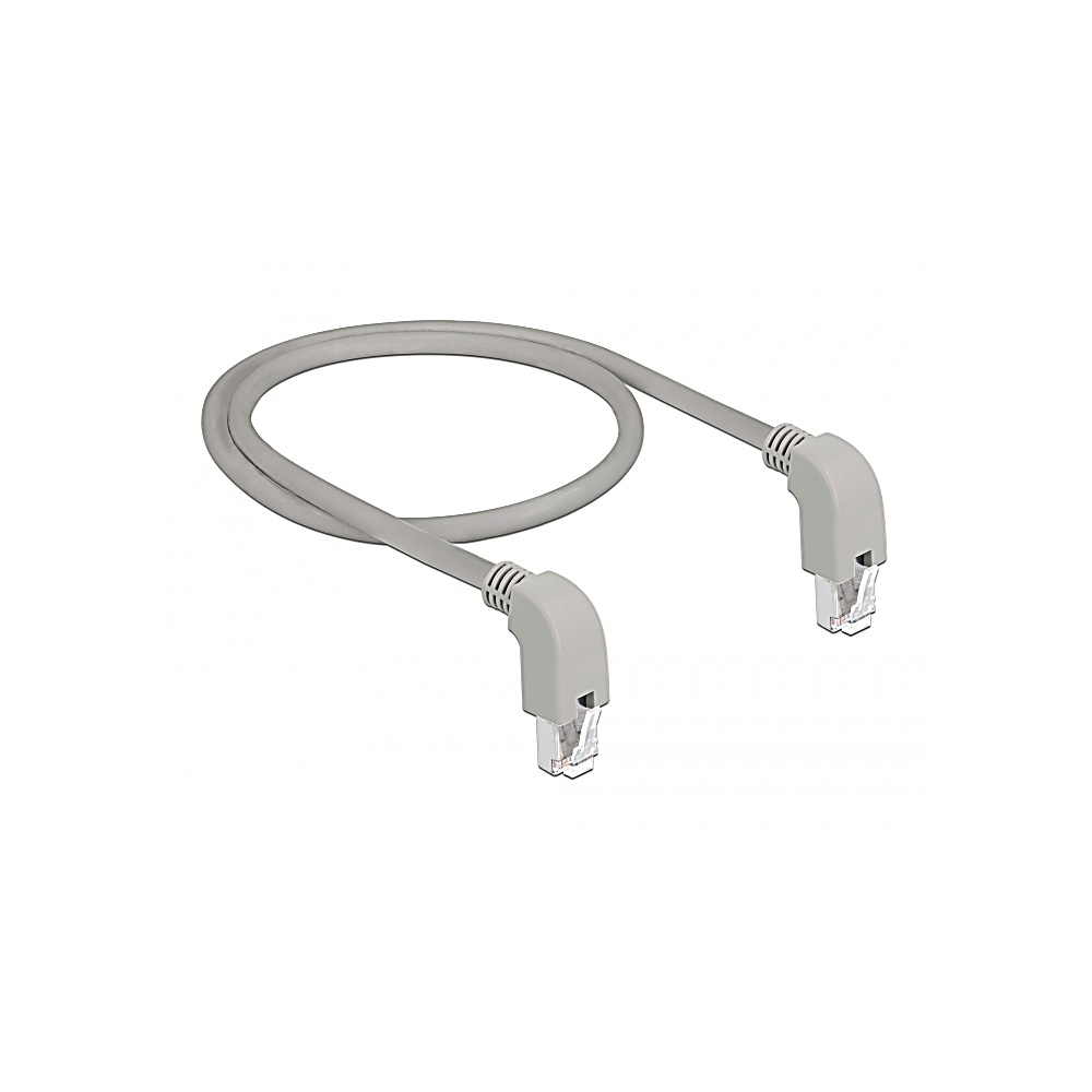 Un cavo Ethernet grigio con due connettori. Il cavo è curvo. I connettori sono grigio chiaro con plastica trasparente.