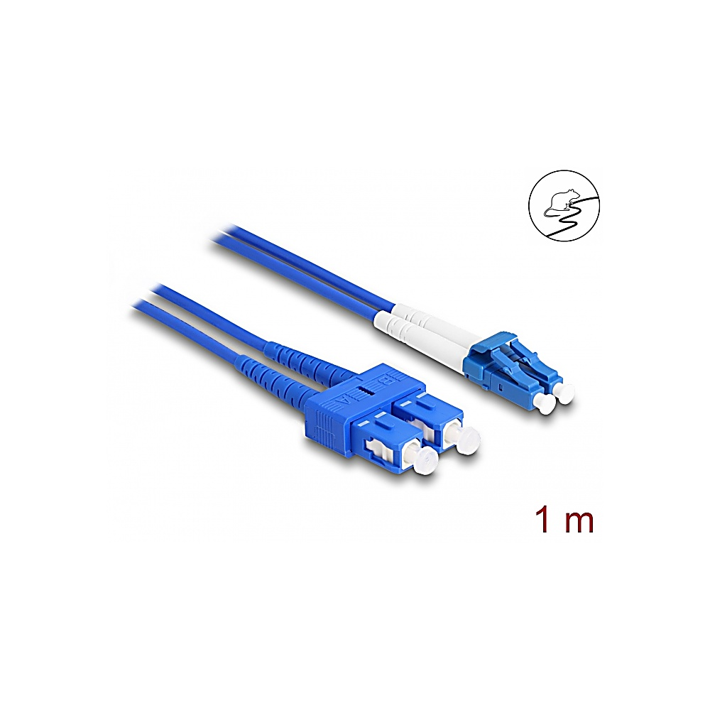 Cavi in fibra ottica blu e bianchi. Un connettore è blu, con punte bianche. Il cavo è contrassegnato '1 m' in rosso.