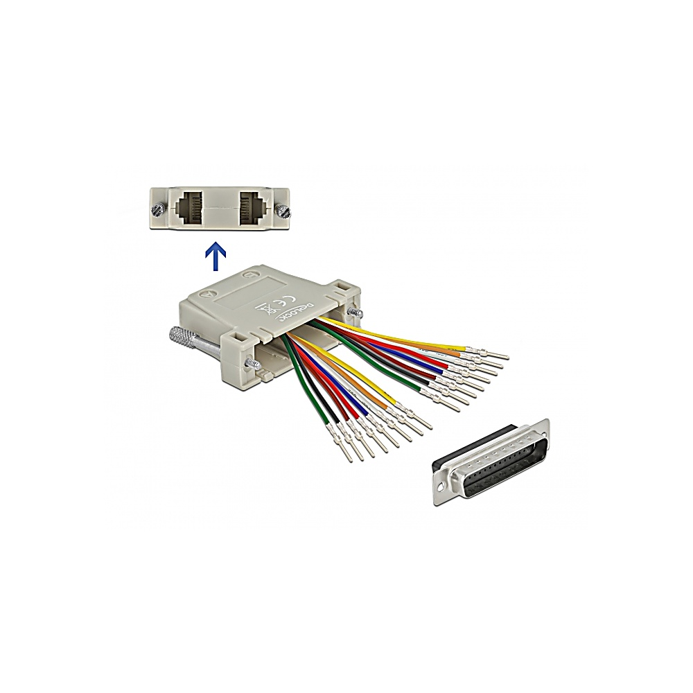 Un connettore elettrico con fili multicolore, un connettore separato e una piccola scatola bianca con due porte. Tutto su sfondo bianco.