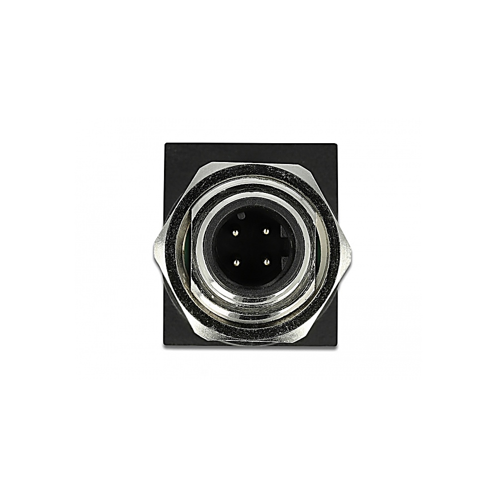 Primo piano di un connettore nero e argento con quattro pin all'interno. Il connettore ha una cornice esagonale argentata su una base quadrata nera.