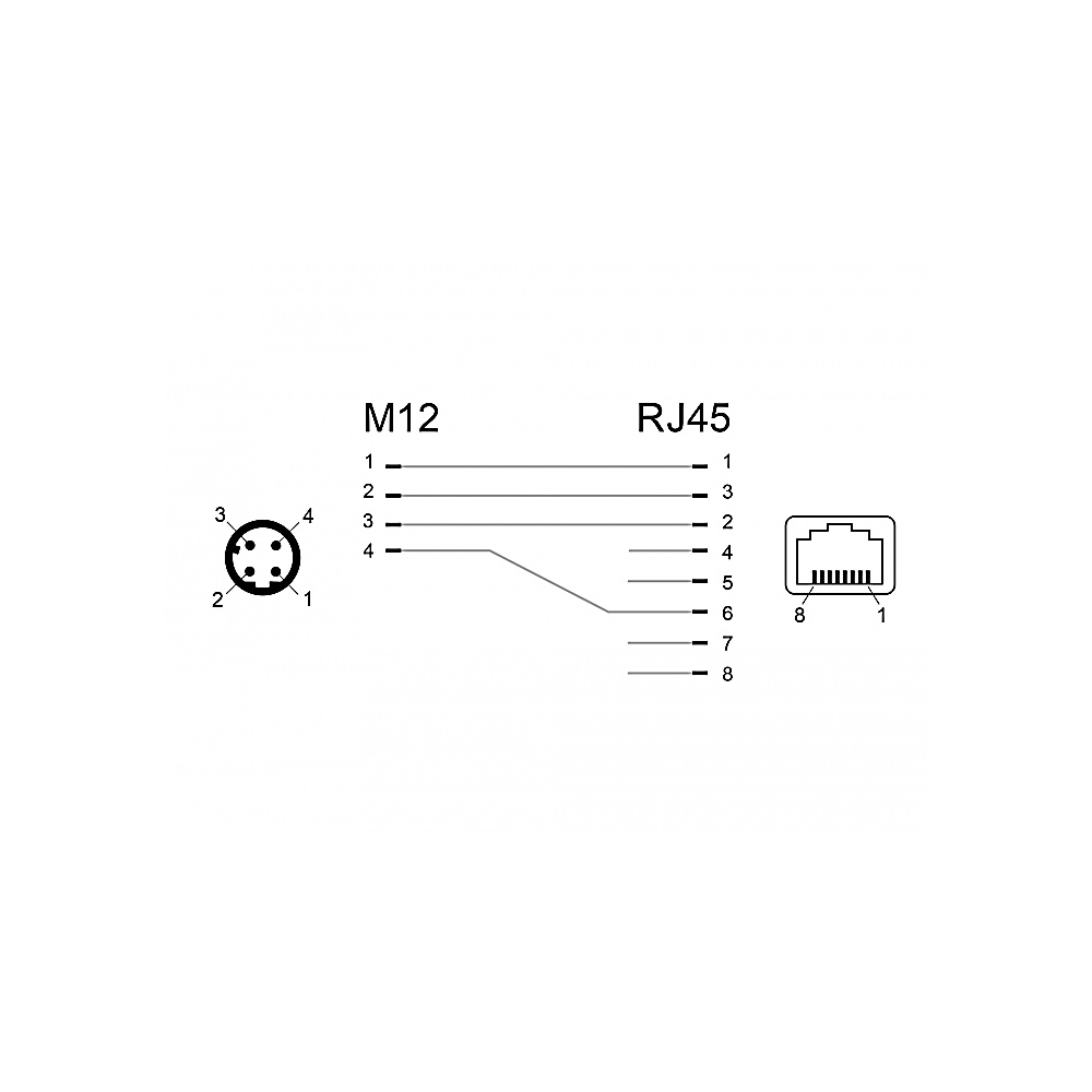 Schema con connettori M12 e RJ45. M12 con pin circolari, RJ45 rettangolare. Fili collegano i due connettori.