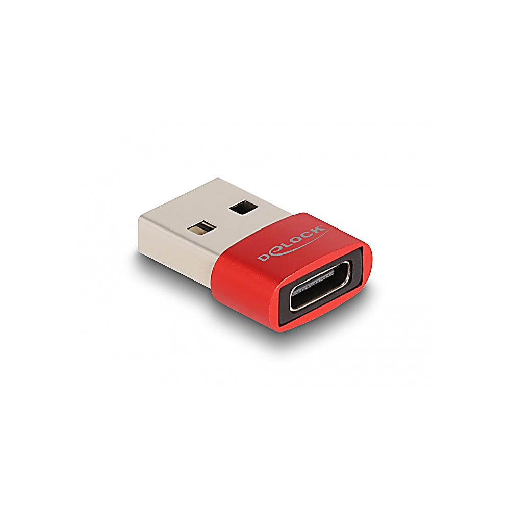 Czerwony i srebrny adapter USB D-Lock. Adapter znajduje się na białej powierzchni. Posiada złącze USB-A i port USB-C.