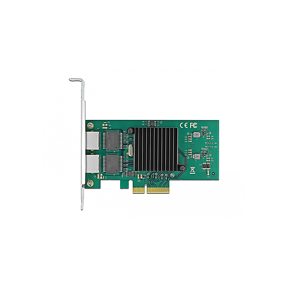 Scheda di rete verde con chip, dissipatore e connettori, su sfondo bianco.
