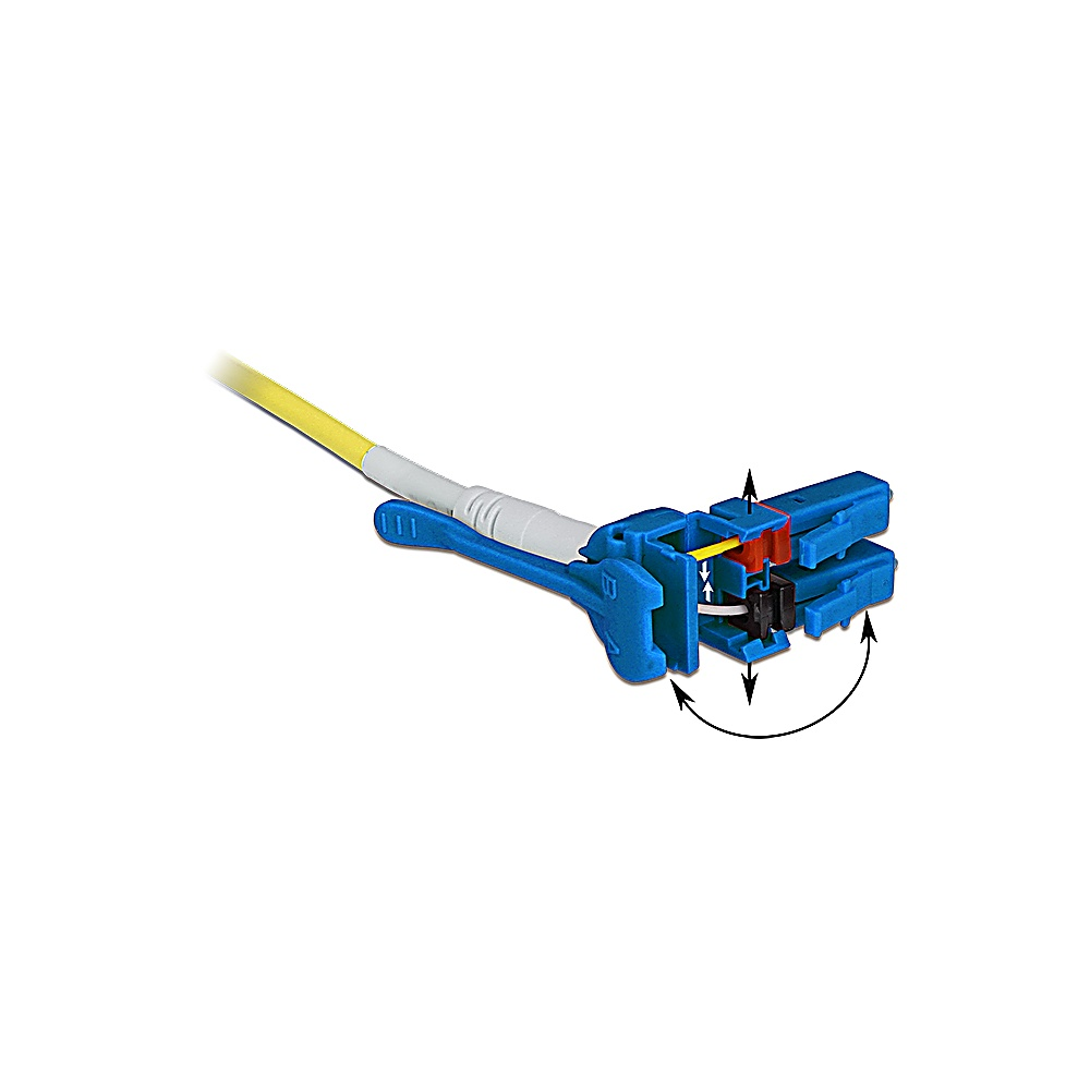 Un conector de plástico azul con un cable amarillo insertado. Flechas indican movimiento. Componentes blancos y negros visibles.