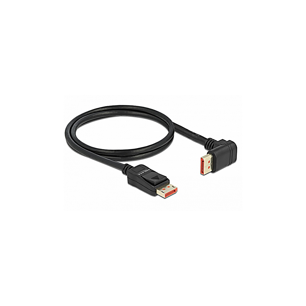 Un cavo DisplayPort nero con due connettori. Uno dritto, l'altro angolato. Entrambi hanno interni rossi.