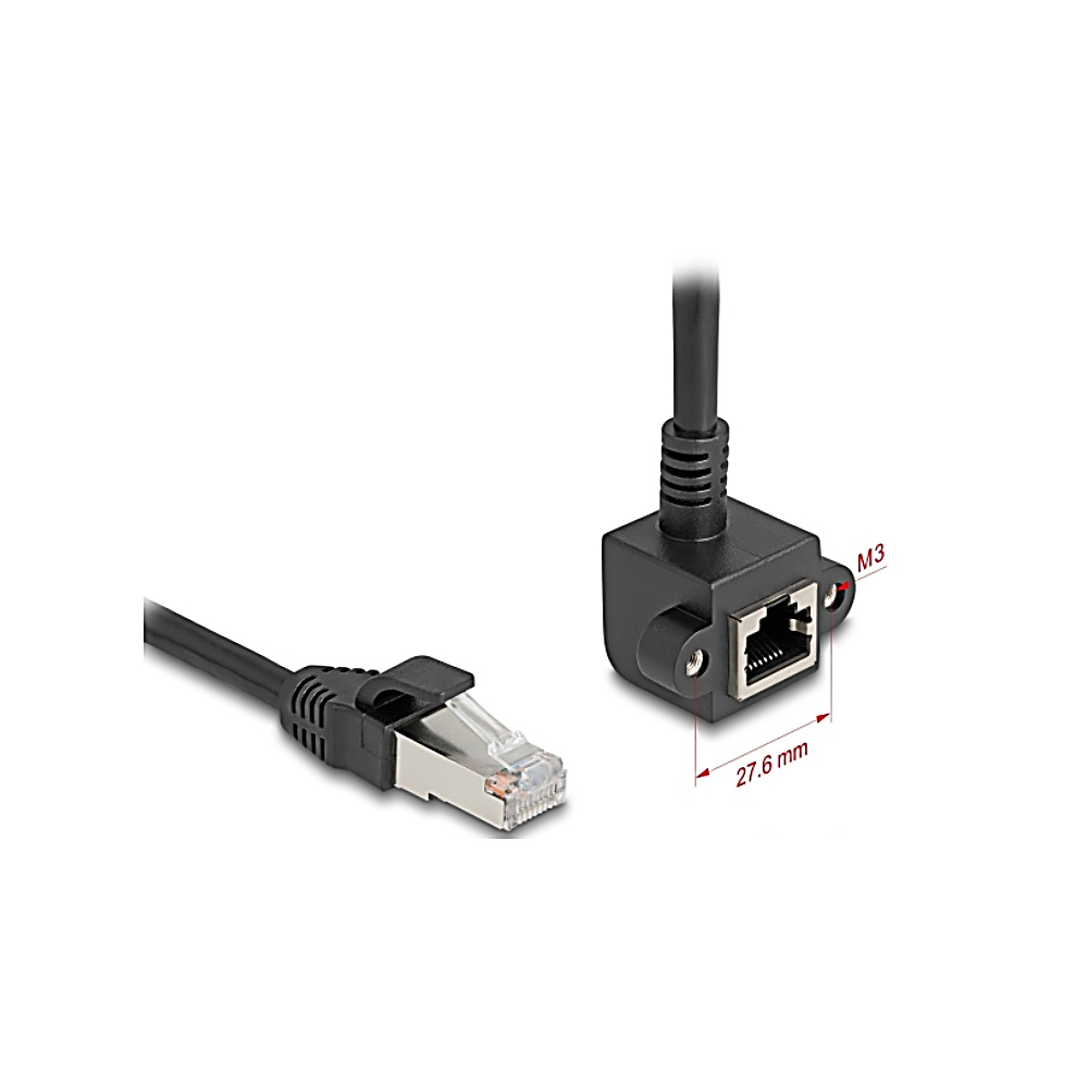 Connettori per cavi Ethernet neri. Uno è una porta femmina, l'altro una spina maschio. Le dimensioni sono indicate.