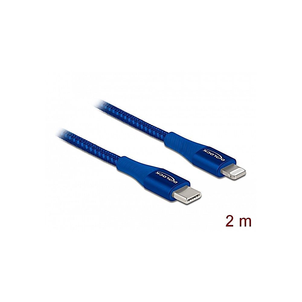 Due cavi di ricarica blu intrecciati con diversi connettori. Uno è USB-C, l'altro è un connettore Lightning. Il testo '2 m' è visibile.