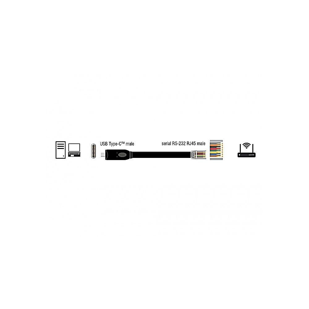 Schema di computer, laptop, USB Type-C maschio, seriale RS-232 RJ45 maschio e icona router WiFi.