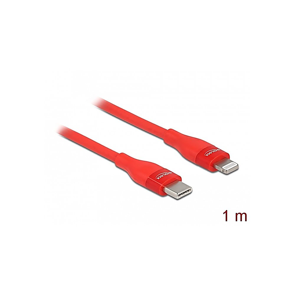 Un cavo rosso da USB-C a Lightning, con '1 m' scritto a destra. Il cavo è su sfondo bianco.