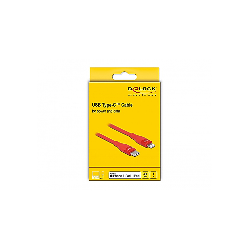 Una scatola gialla con un cavo USB Type-C rosso. La scatola riporta 'USB Type-C Cable for power and data' e 'DOLOCK'.