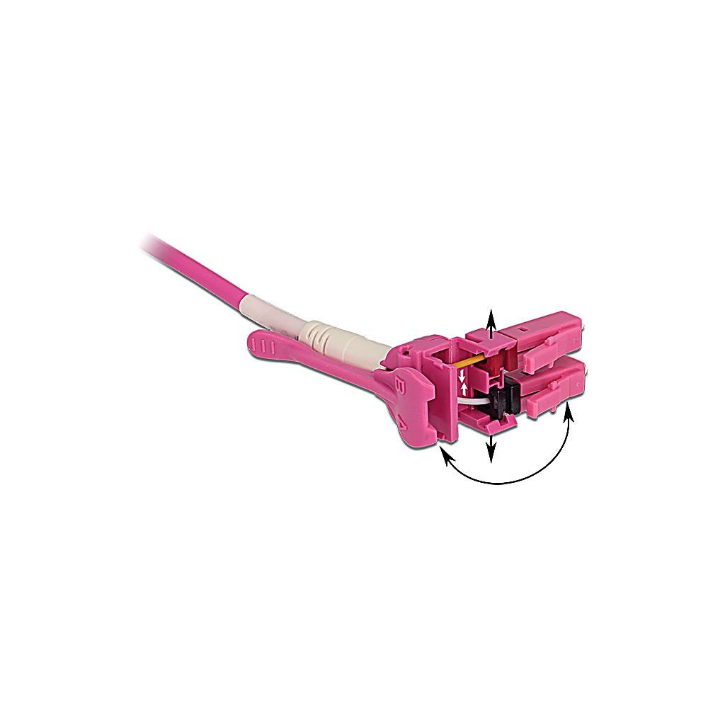 Un connettore per cavo in fibra ottica rosa. Ha un'impugnatura bianca e frecce che indicano il movimento. Lo sfondo è bianco.