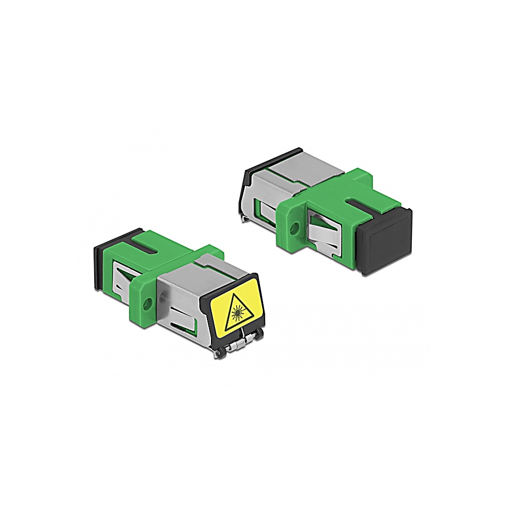 Dos conectores de fibra óptica verdes y grises sobre fondo blanco. Uno muestra un símbolo de advertencia.