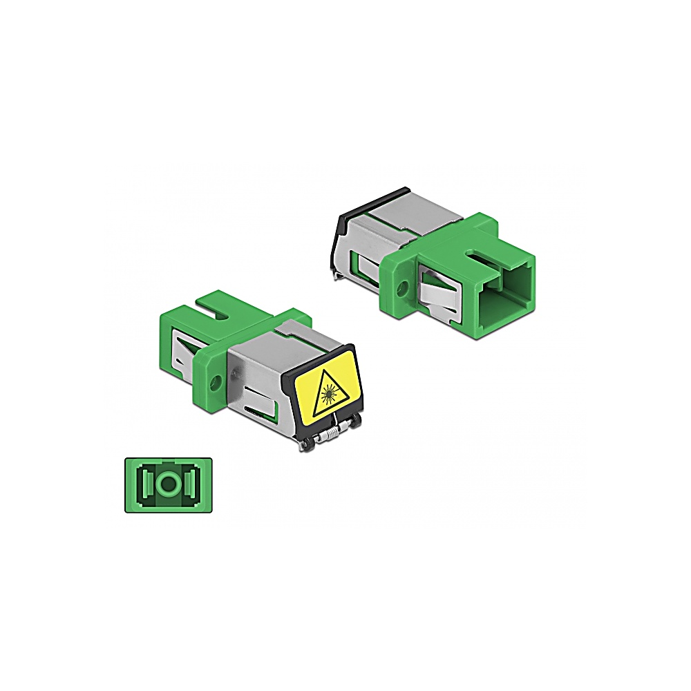 Tres conectores de fibra óptica verdes y plateados con etiquetas de advertencia. También se muestra un conector pequeño y verde.