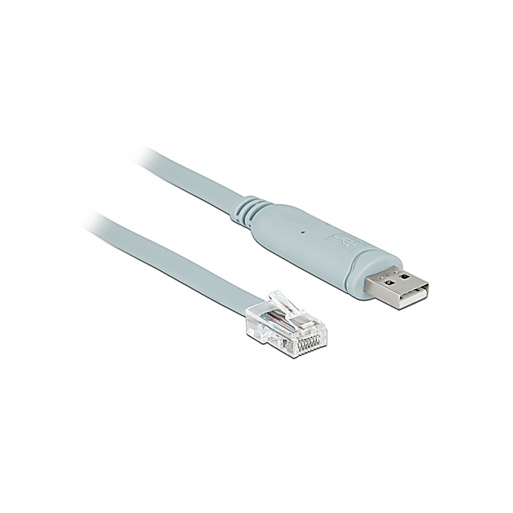 Un cavo grigio da USB a RJ45, con un connettore USB a un'estremità e un connettore RJ45 trasparente all'altra, su sfondo bianco.
